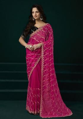 Rani Pink Embroidered Net Saree Set