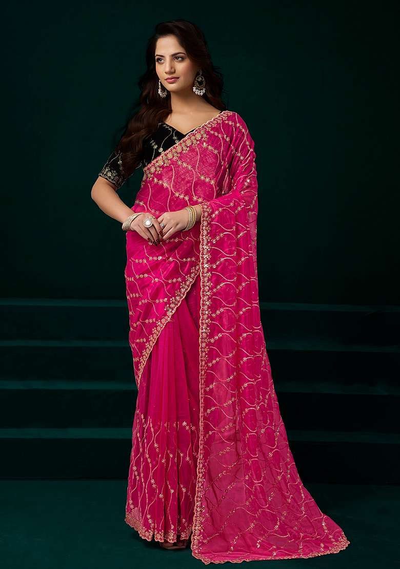 Rani Pink Embroidered Net Saree Set - Indya