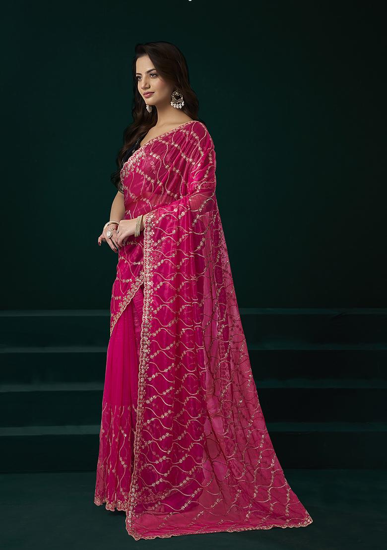 Rani Pink Embroidered Net Saree Set - Indya