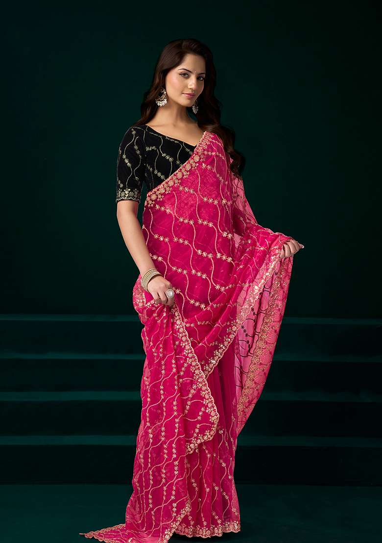 Rani Pink Embroidered Net Saree Set - Indya