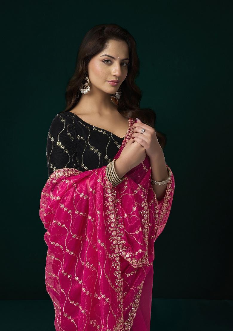 Rani Pink Embroidered Net Saree Set - Indya