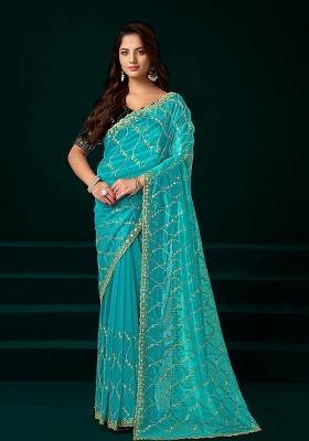 Turquoise Embroidered Net Saree Set