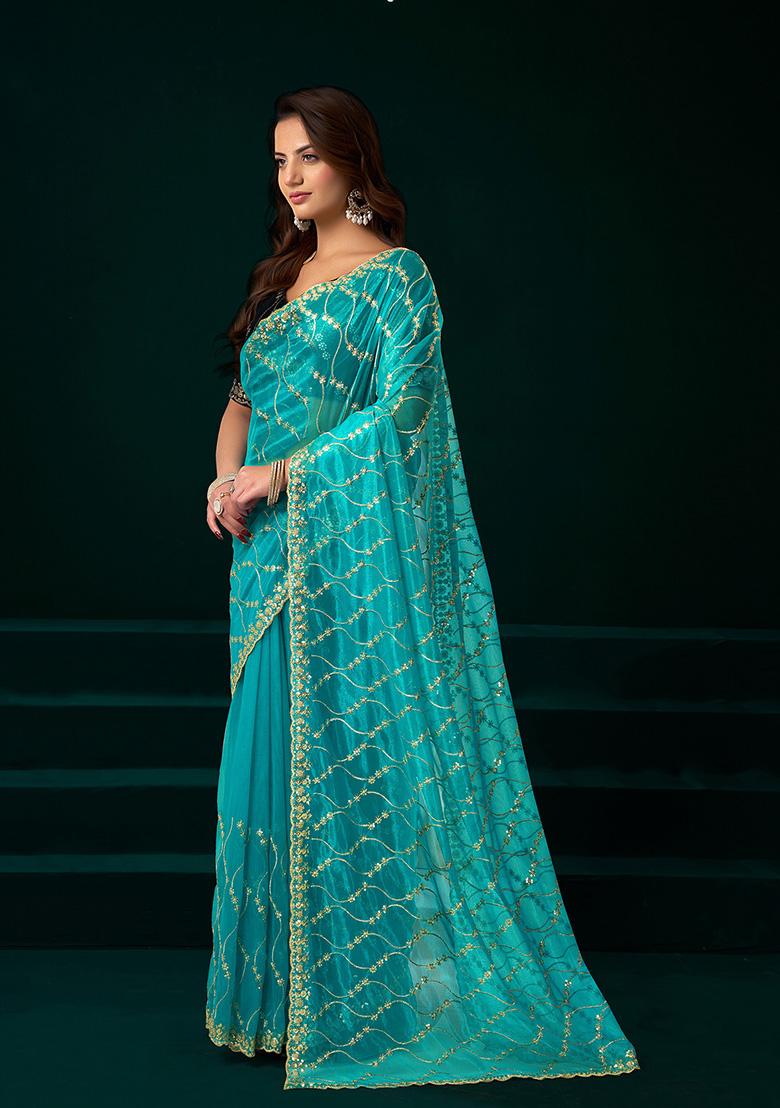 Turquoise Embroidered Net Saree Set - Indya