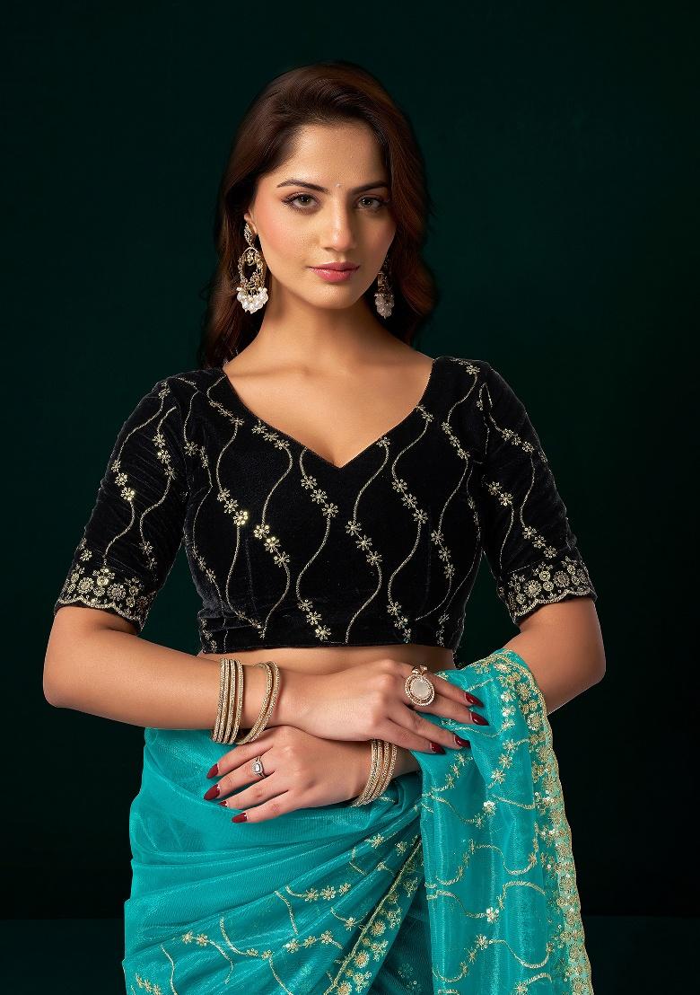 Turquoise Embroidered Net Saree Set - Indya