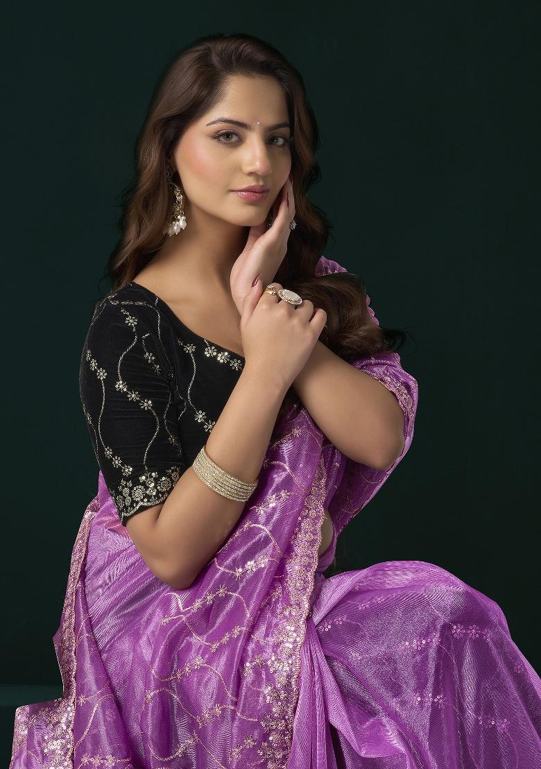Lavender Embroidered Net Saree Set - Indya