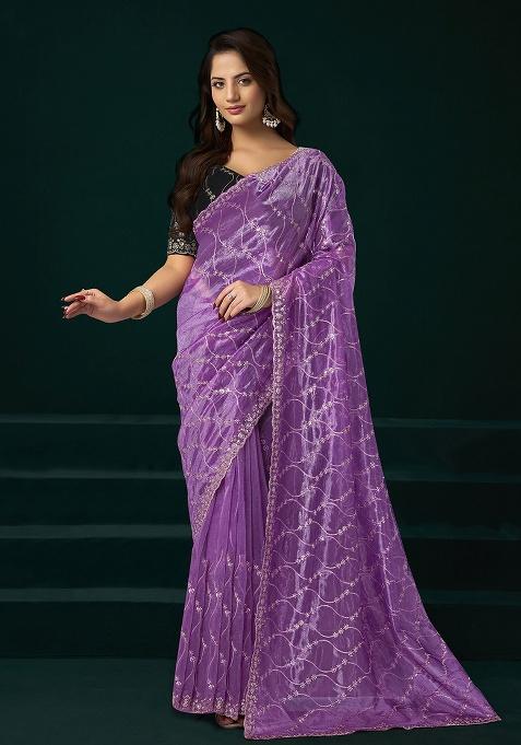 Lavender Embroidered Net Saree Set