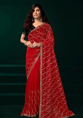 Red Embroidered Net Saree Set