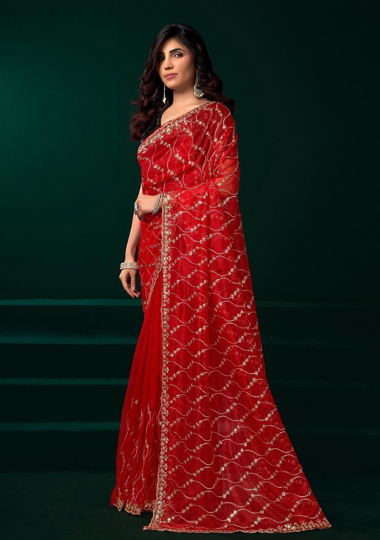 Red Embroidered Net Saree Set - Indya