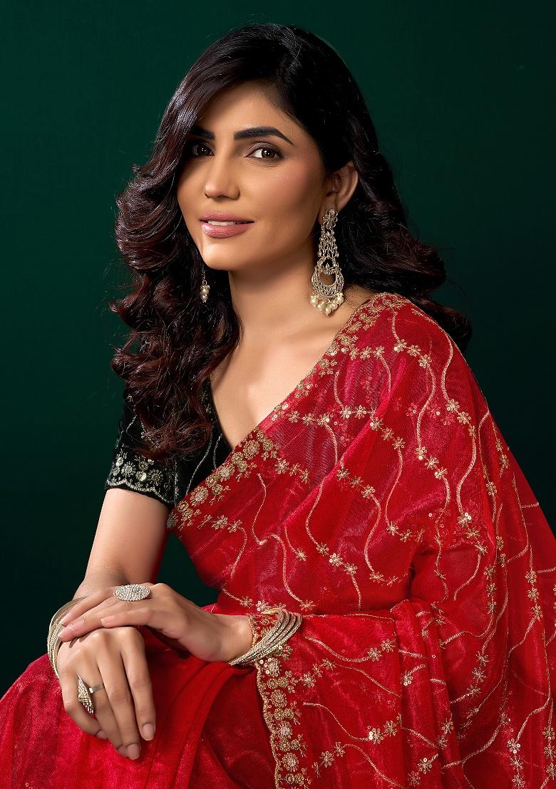 Red Embroidered Net Saree Set - Indya