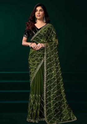Green Embroidered Net Saree Set
