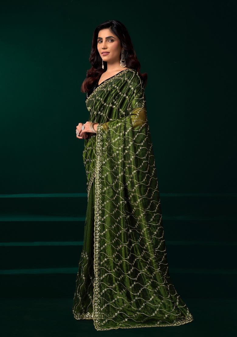 Green Embroidered Net Saree Set - Indya