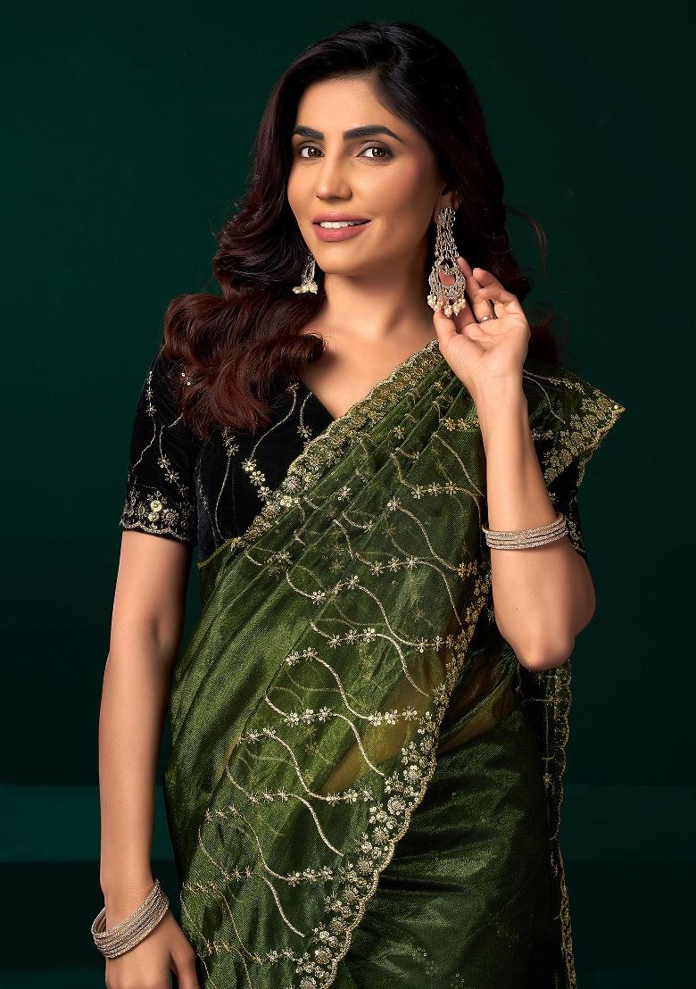 Green Embroidered Net Saree Set - Indya