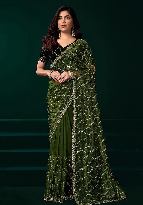 Green Embroidered Net Saree Set