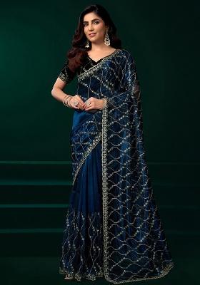 Navy Blue Embroidered Net Saree Set
