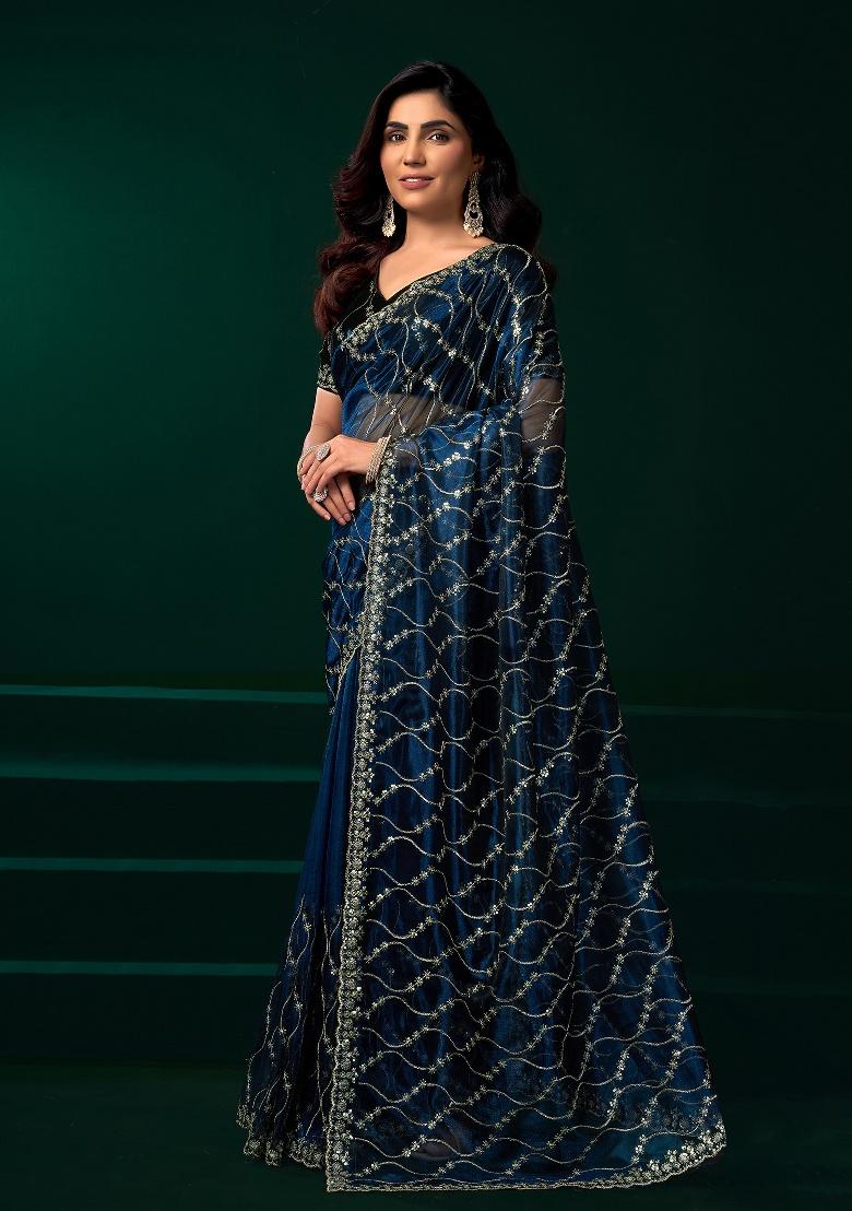 Navy Blue Embroidered Net Saree Set - Indya