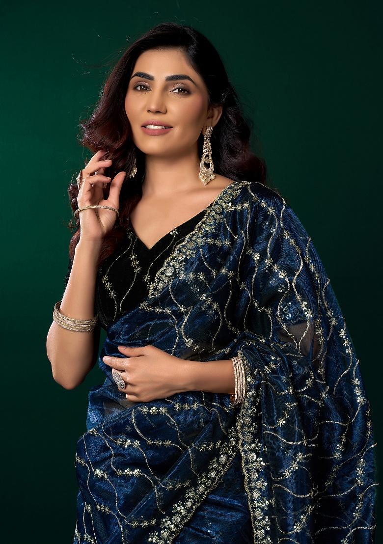 Navy Blue Embroidered Net Saree Set - Indya