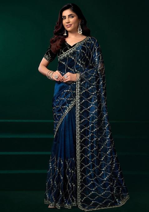 Navy Blue Embroidered Net Saree Set
