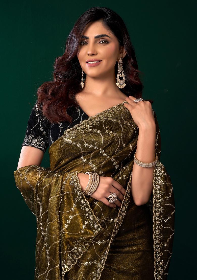 Mehandi Green Embroidered Net Saree Set - Indya