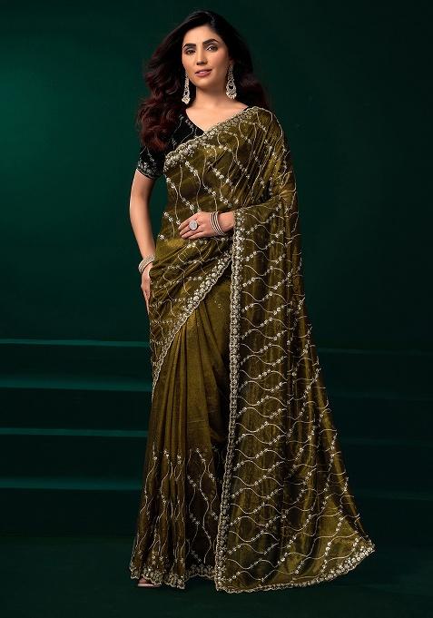 Mehandi Green Embroidered Net Saree Set