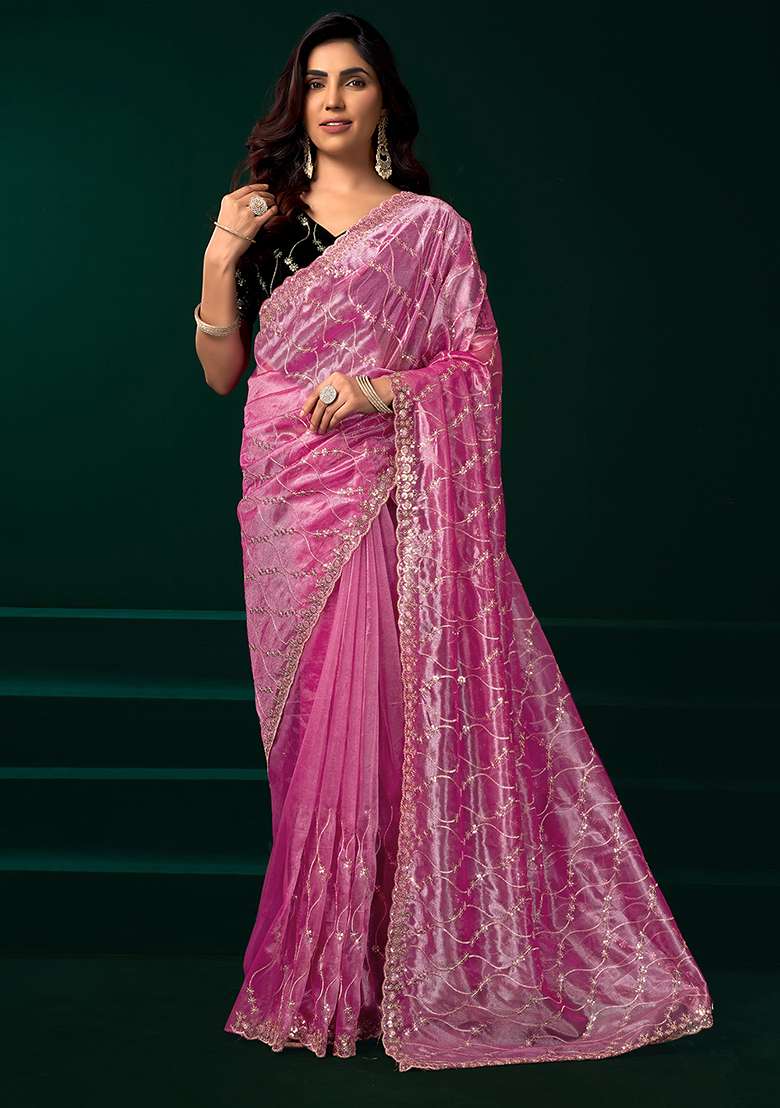 Pink Embroidered Net Saree Set - Indya