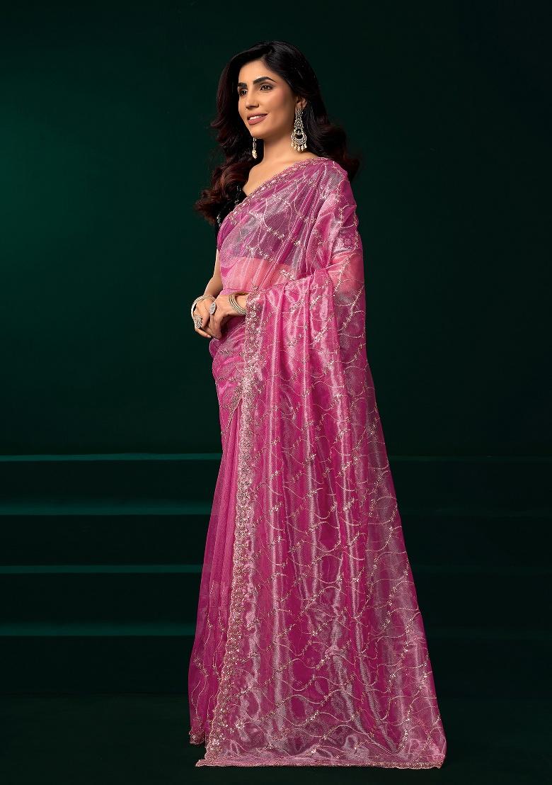 Pink Embroidered Net Saree Set - Indya