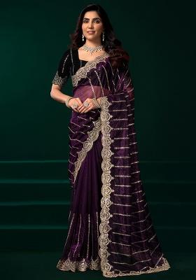 Wine Embroidered Net Saree Set