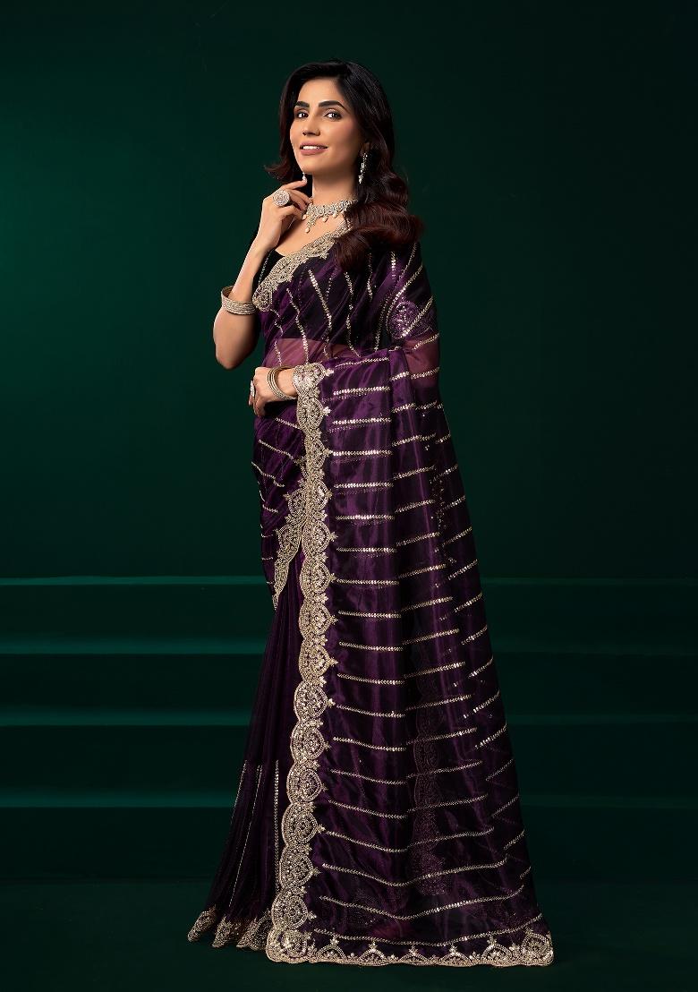 Wine Embroidered Net Saree Set - Indya