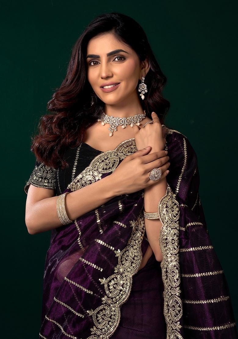 Wine Embroidered Net Saree Set - Indya