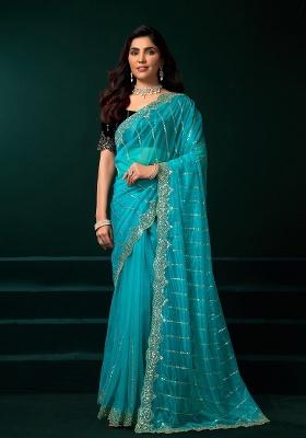 Turquoise Blue Embroidered Net Saree Set