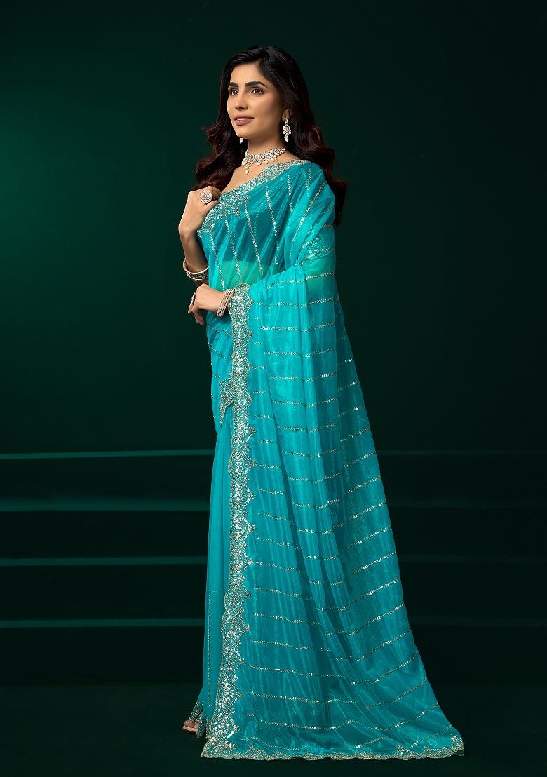 Turquoise Blue Embroidered Net Saree Set - Indya