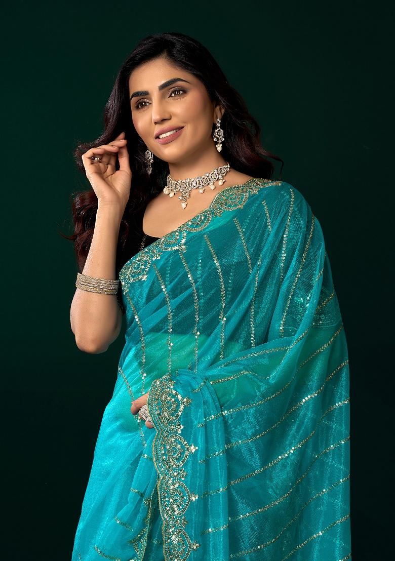 Turquoise Blue Embroidered Net Saree Set - Indya