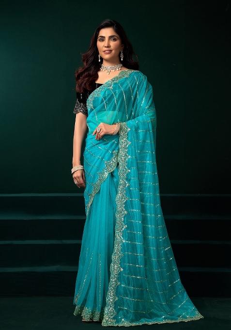 Turquoise Blue Embroidered Net Saree Set