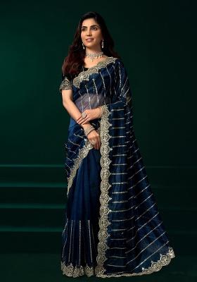 Navy Blue Embroidered Net Saree Set