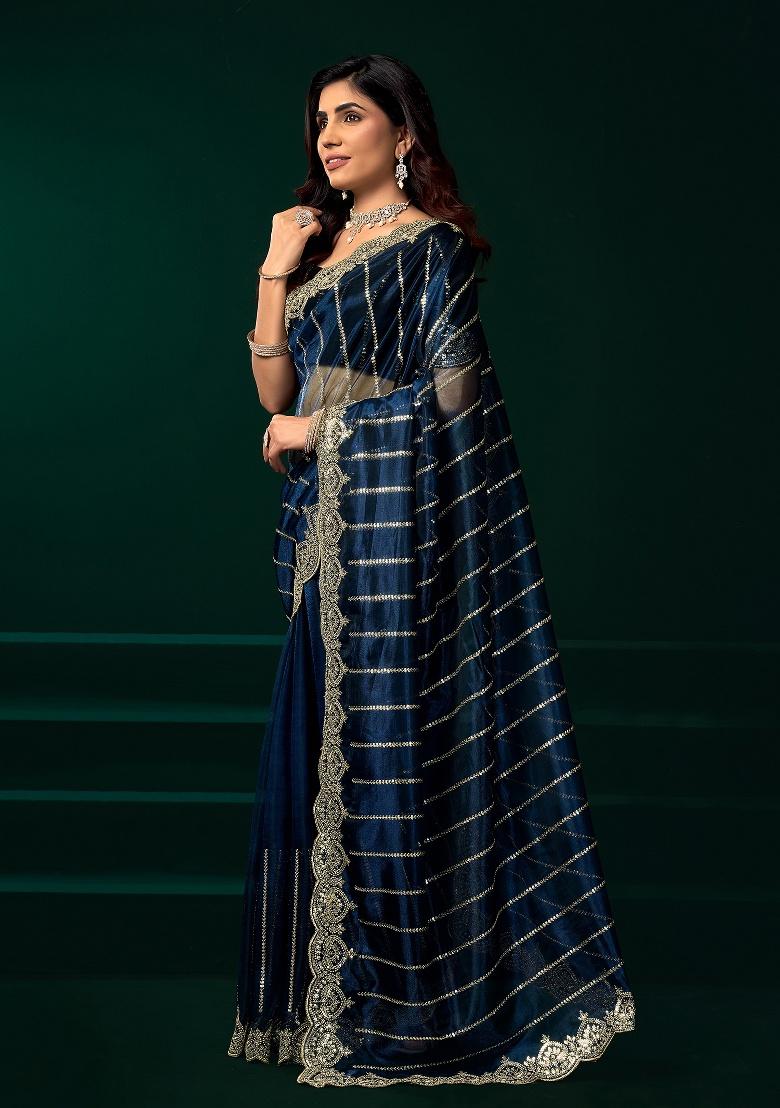 Navy Blue Embroidered Net Saree Set - Indya