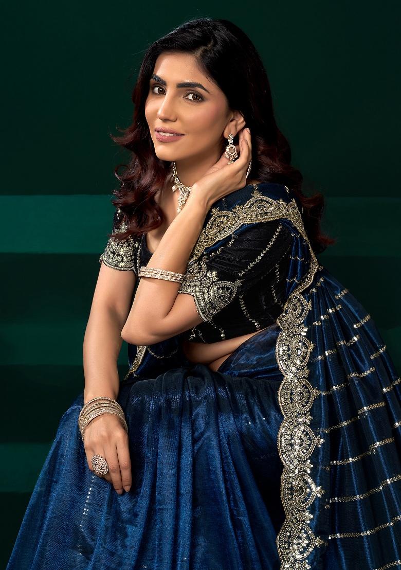 Navy Blue Embroidered Net Saree Set - Indya