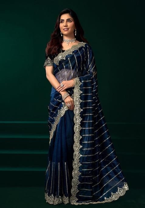 Navy Blue Embroidered Net Saree Set