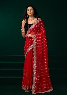 Red Embroidered Net Saree Set