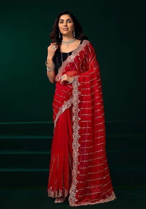 Red Embroidered Net Saree Set