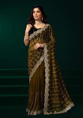 Mehandi Green Embroidered Net Saree Set