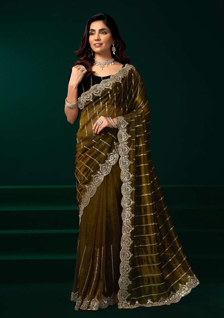 Mehandi Green Embroidered Net Saree Set - Indya