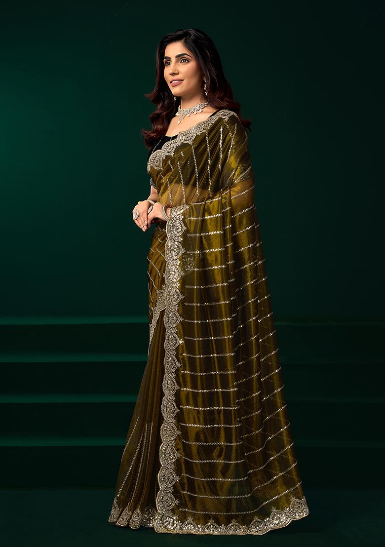 Mehandi Green Embroidered Net Saree Set - Indya
