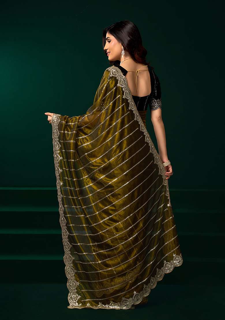 Mehandi Green Embroidered Net Saree Set - Indya