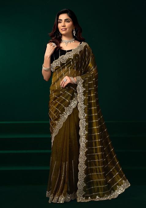 Mehandi Green Embroidered Net Saree Set
