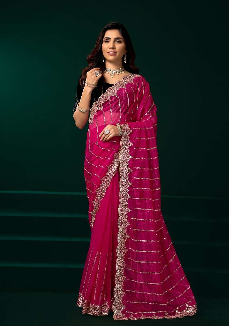 Rani Pink Embroidered Net Saree Set - Indya