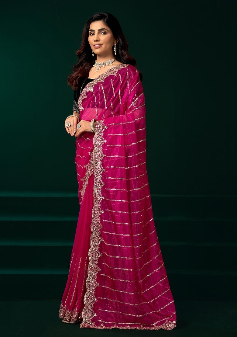 Rani Pink Embroidered Net Saree Set - Indya