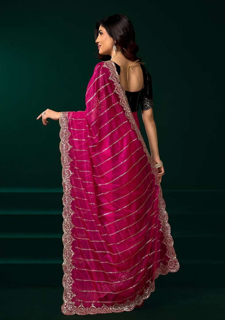 Rani Pink Embroidered Net Saree Set - Indya
