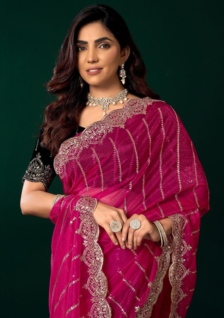 Rani Pink Embroidered Net Saree Set - Indya