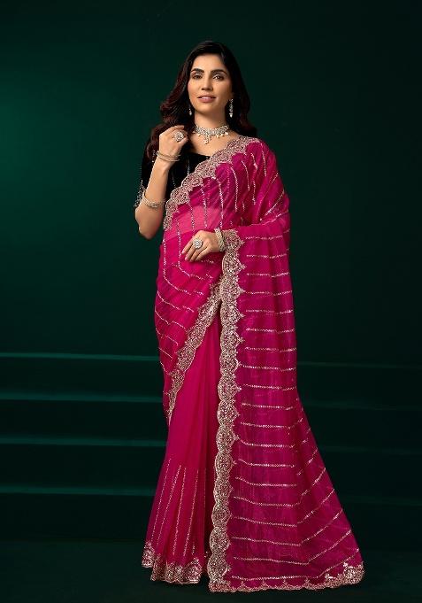 Rani Pink Embroidered Net Saree Set
