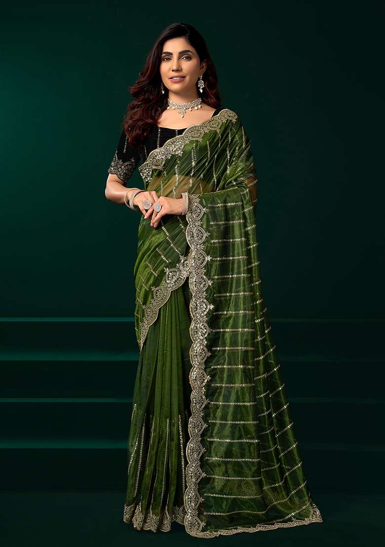 Green Embroidered Net Saree Set - Indya