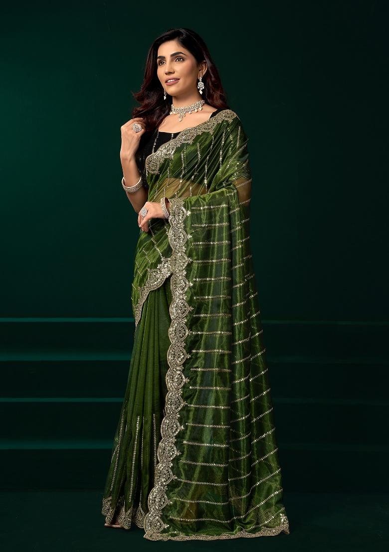 Green Embroidered Net Saree Set - Indya